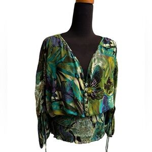 GEORGIU STUDIO floral women’s green V neck flutter sleeve ruched XS boho top EUC